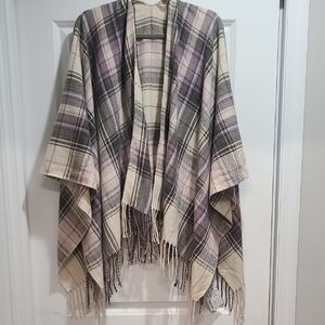 NWT Rooted Soul Purple Plaid Fringe Shawl Ruana Wrap